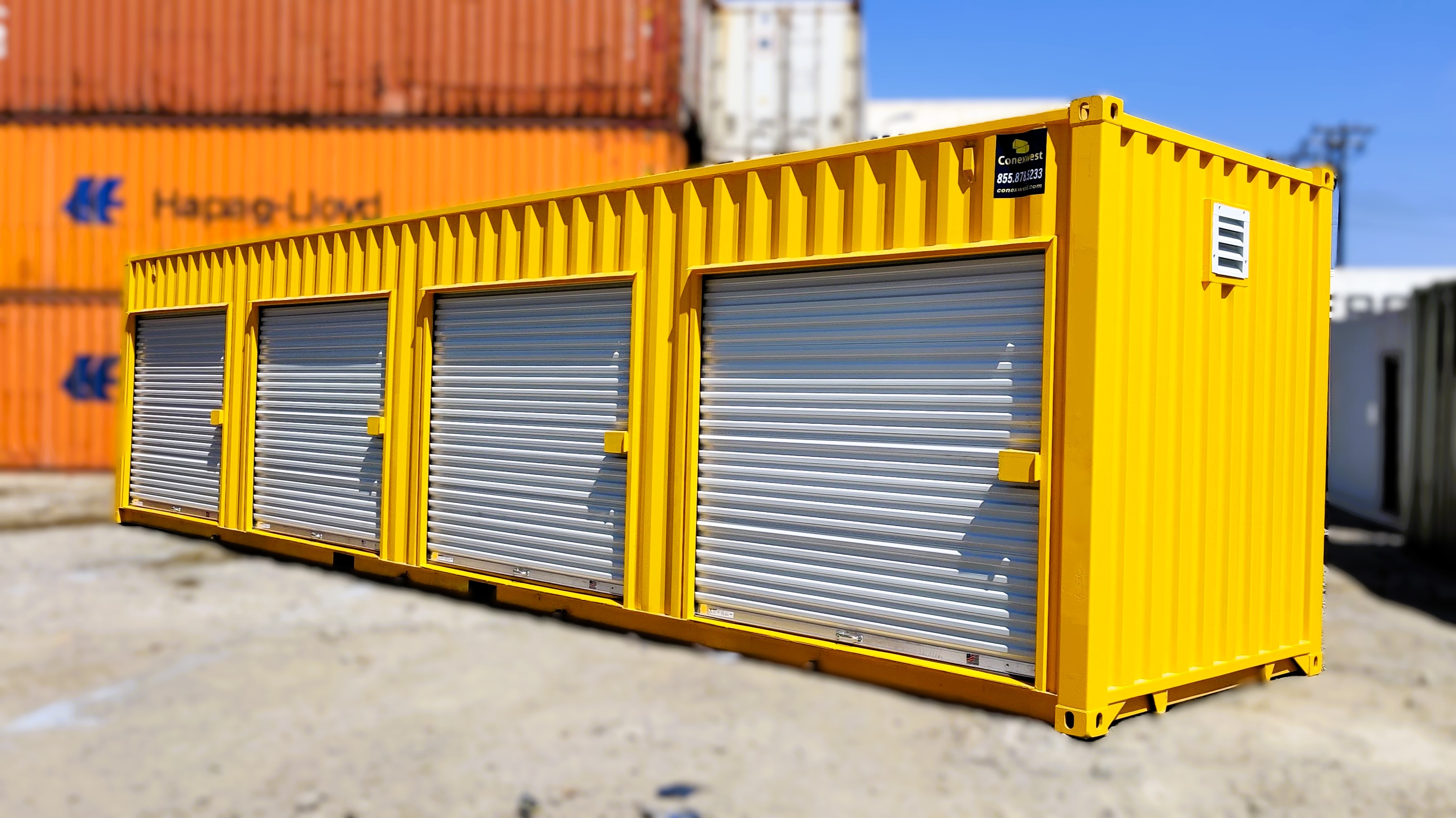 AWS yellow 40ft storage container with roll up doors
