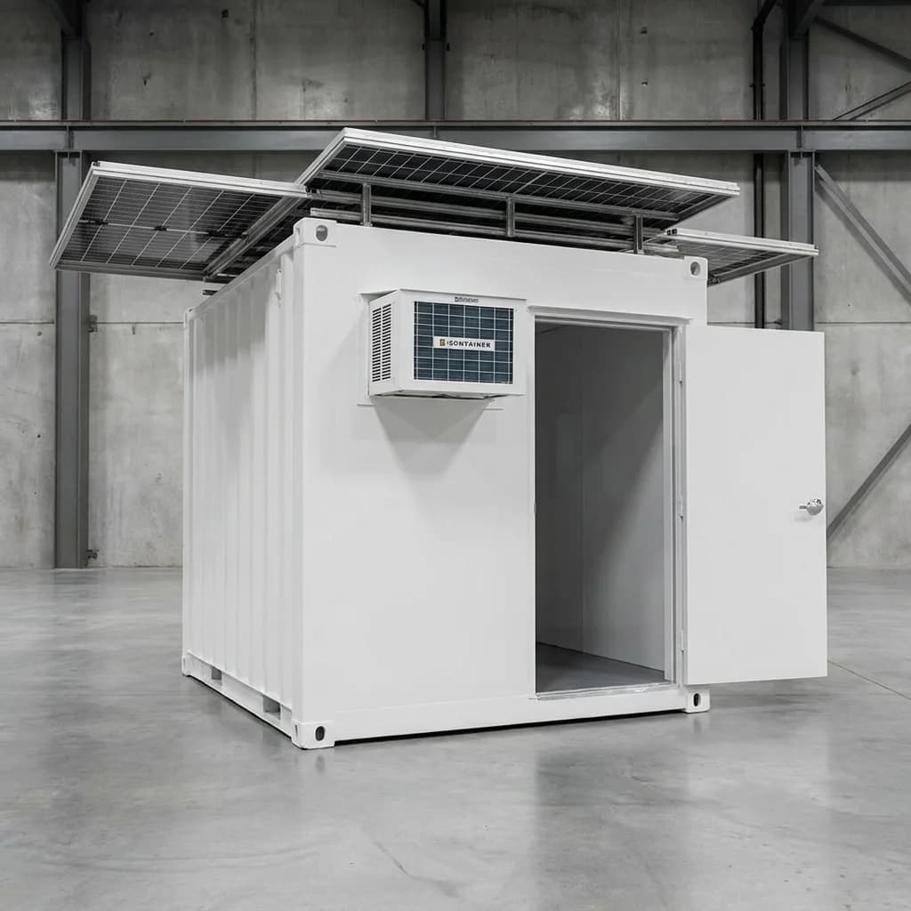 Modified 10ft shipping container with roof-mounted solar panels