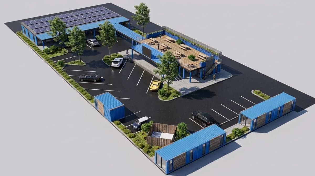 Aerial rendering of Atlantic City Orange Loop shipping container park