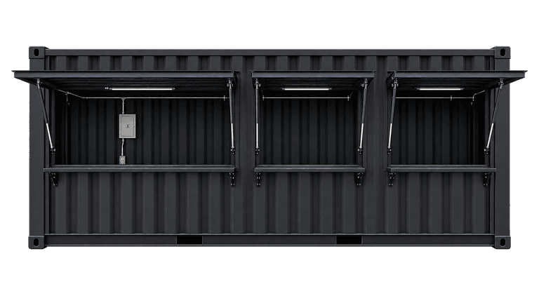 Black shipping container concession stand with multiple service windows