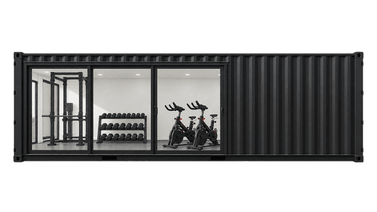 Black shipping container office with floor-to-ceiling glass door