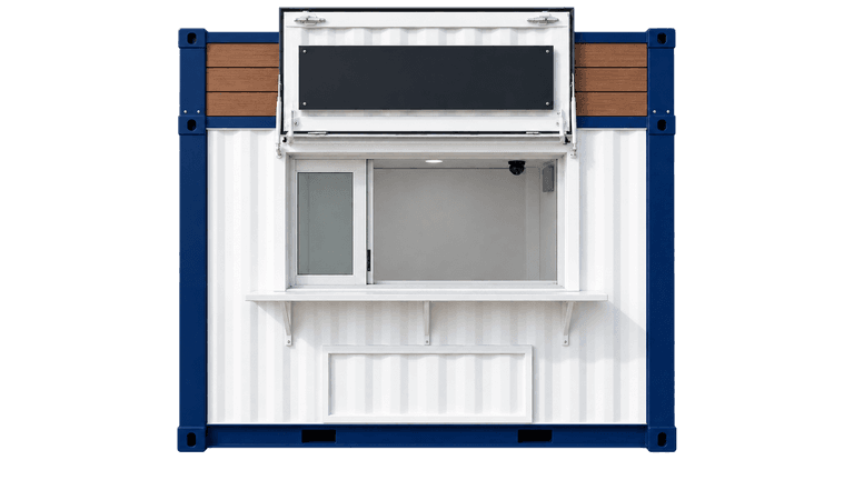Compact custom shipping container kiosk with serving window and counter