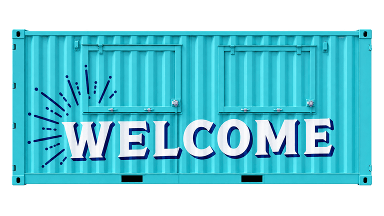 Custom blue shipping container with Welcome branding and service windows
