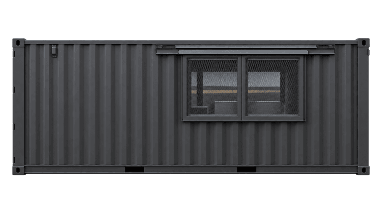 Dark gray shipping container office with security mesh window guards