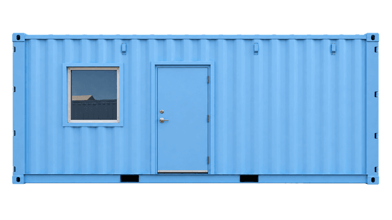 Light blue shipping container office with personnel door and window