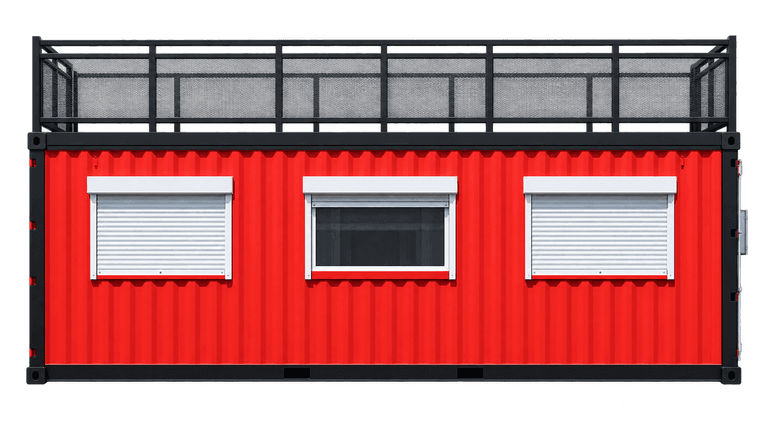 Red shipping container office with windows and rooftop deck