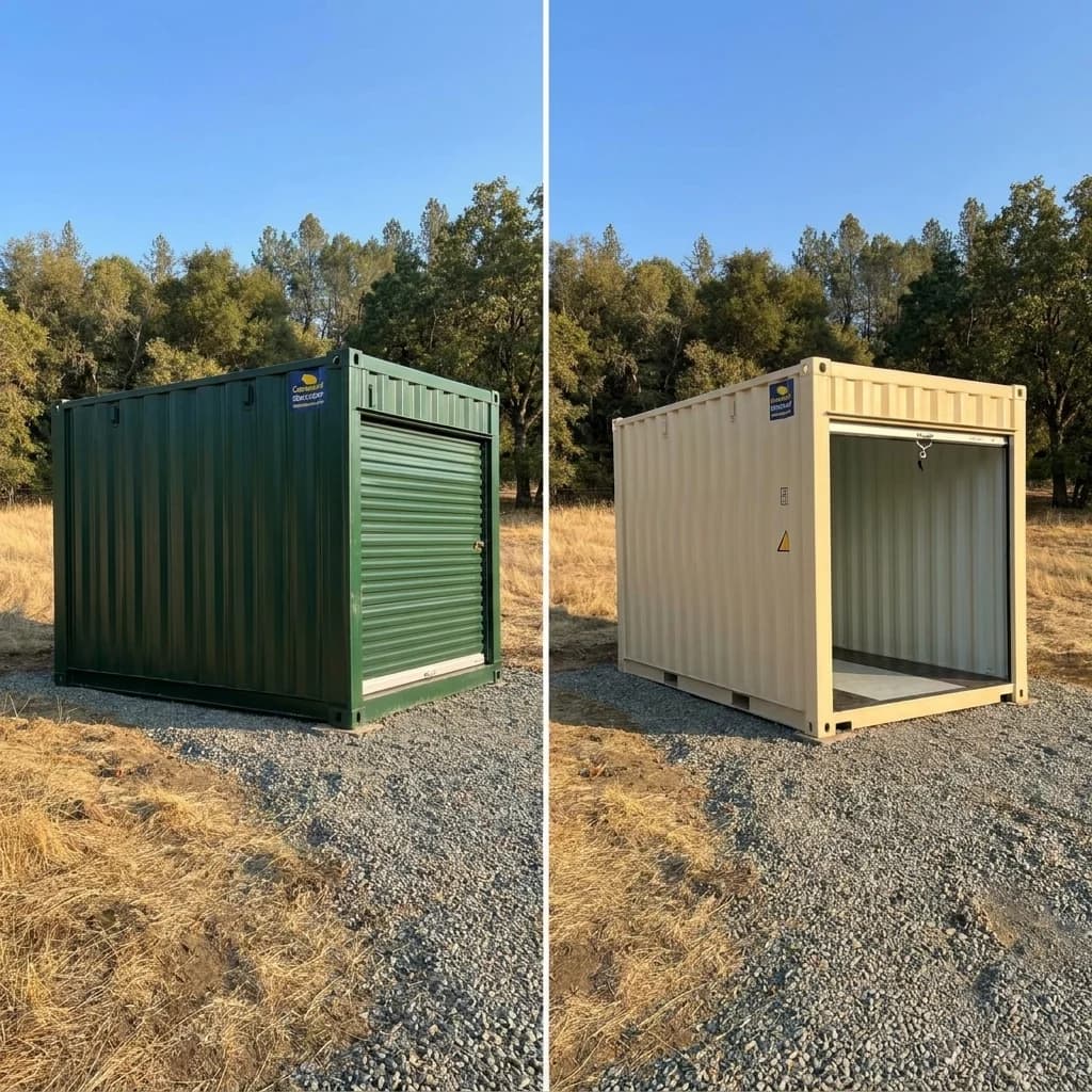Two 10ft shipping containers positioned side by side showing their compact footprint