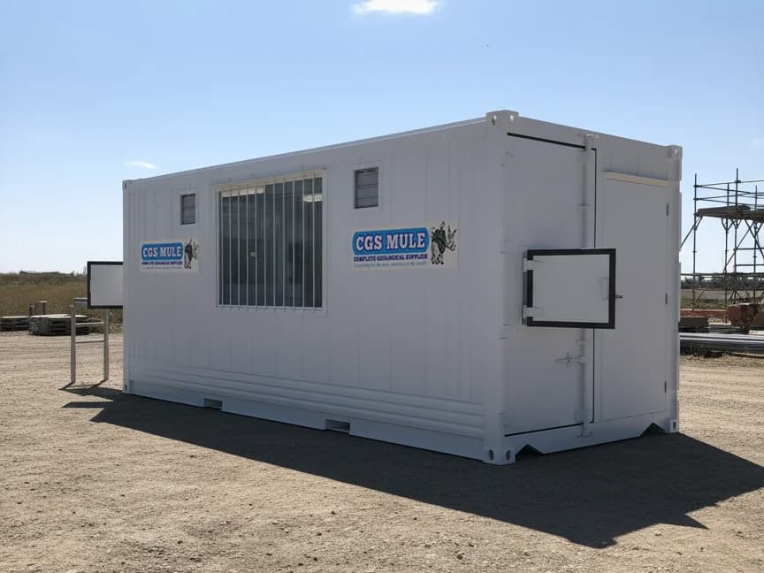 Exterior of the CGS MULE mobile core cutting facility built from a white 20ft reefer container with access hatches, ventilation, branding, and a secured window