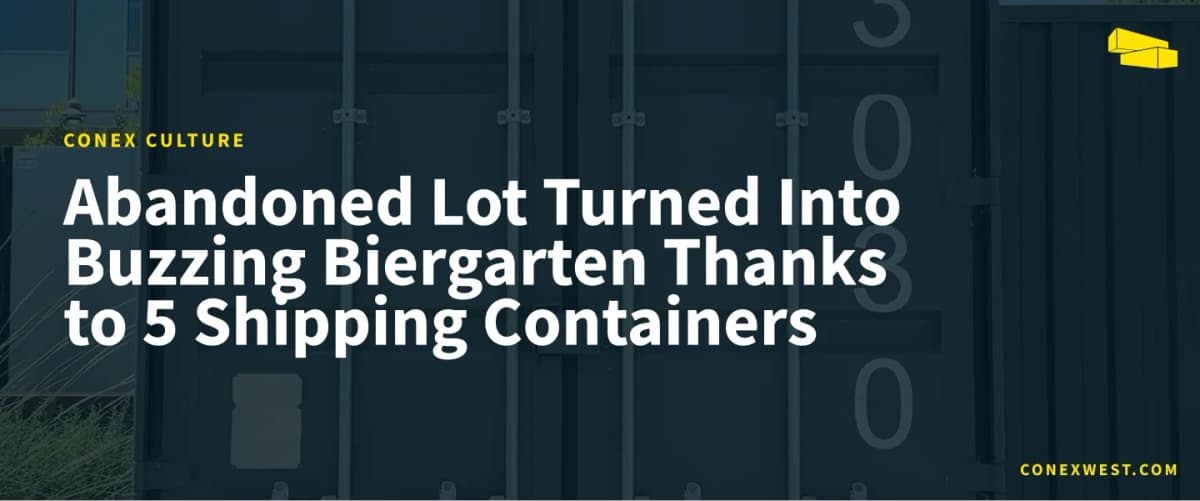 Wide shot of Biergarten outdoor beer garden made from shipping containers in Hayes Valley