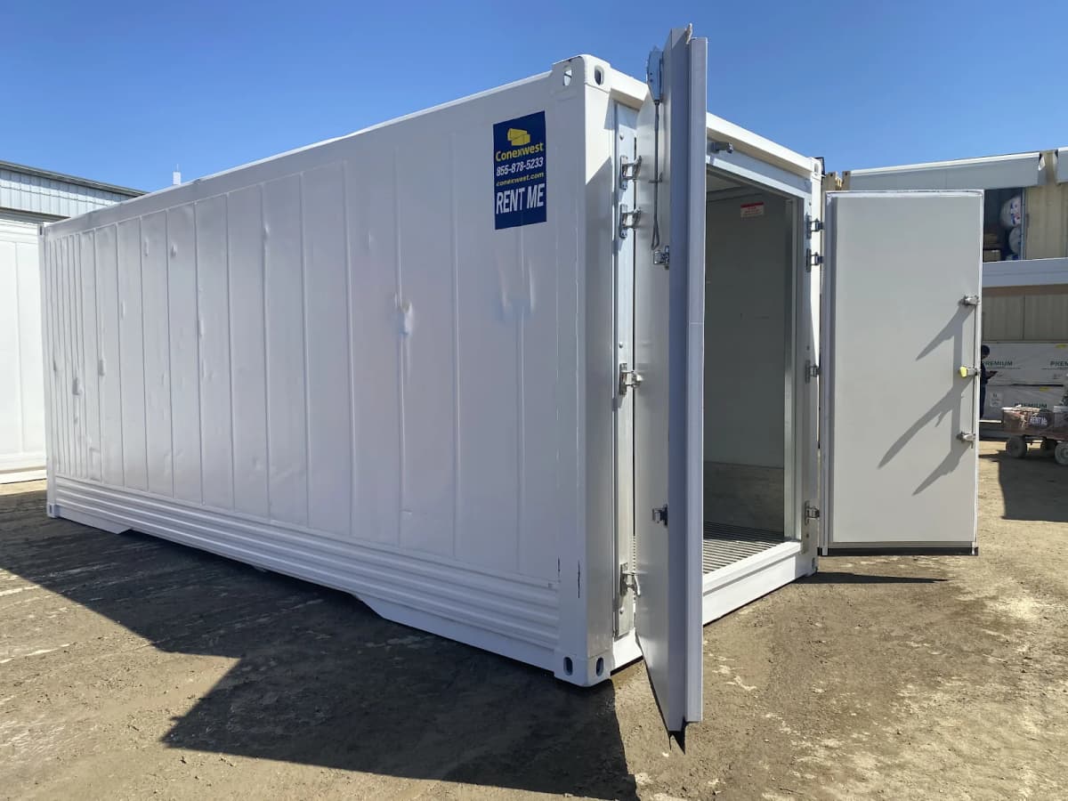 Cold storage butcher doors installed on the short side of a white reefer container