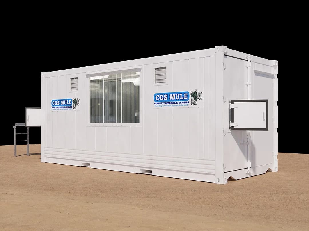 Rendered exterior view of the CGS MULE core cutting facility with custom access hatches, a large secured window, vents, and a branded white finish
