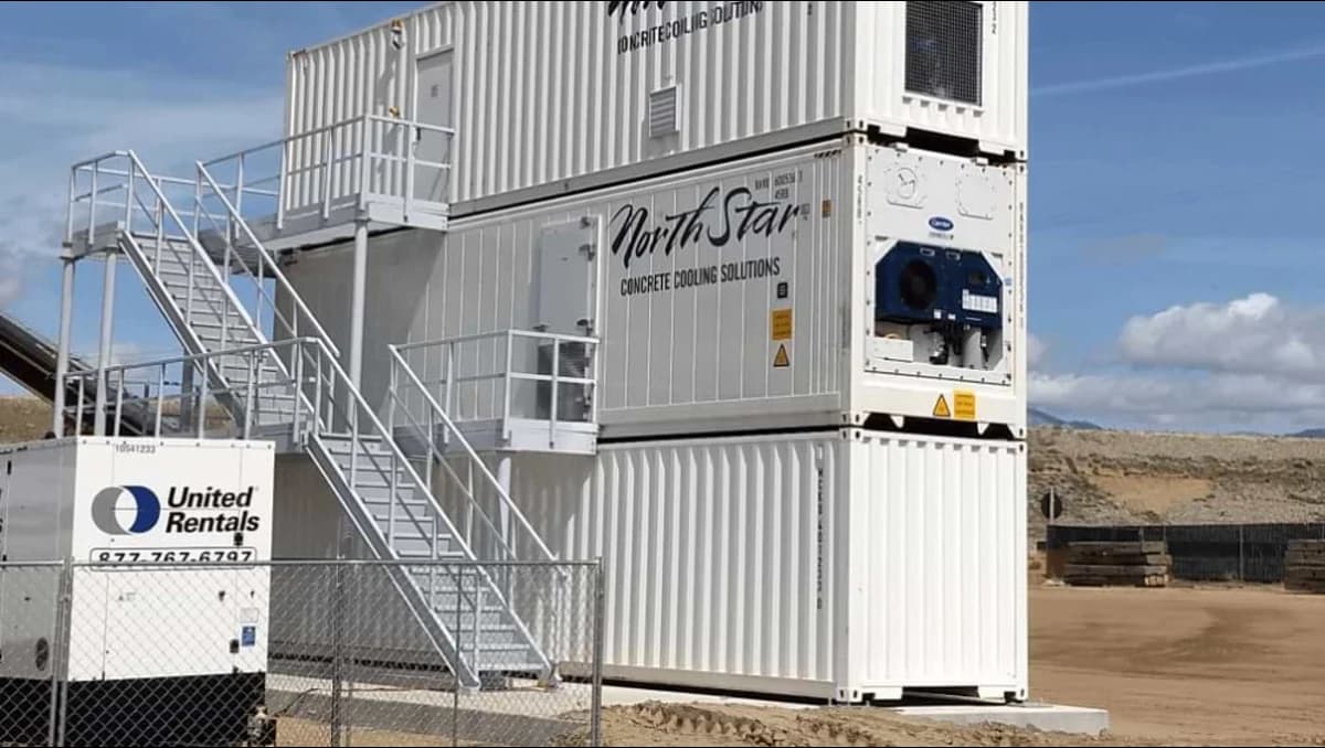 A stacked container structure.