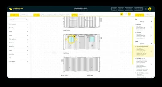ConexBuilder interface showing container design workspace