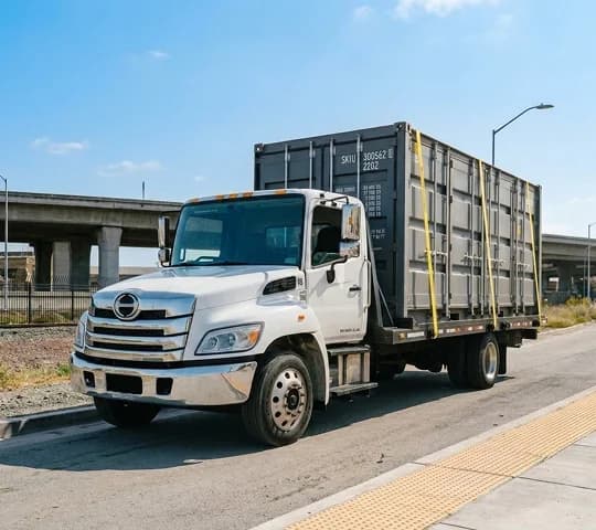 Flatbed truck carrying a shipping container