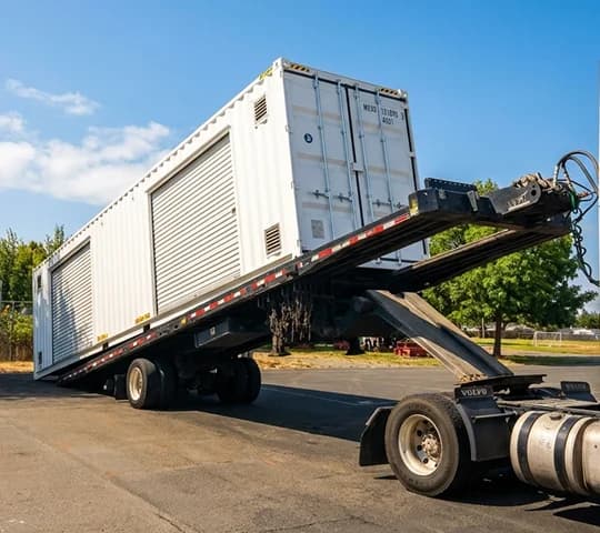 Tilt-bed truck delivering a shipping container