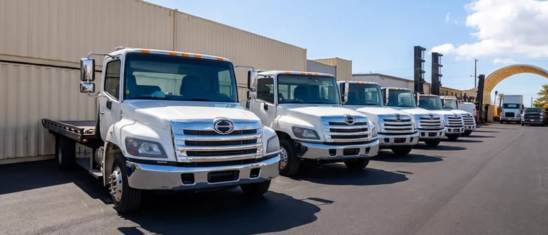 Several Conexwest delivery trucks at a container yard