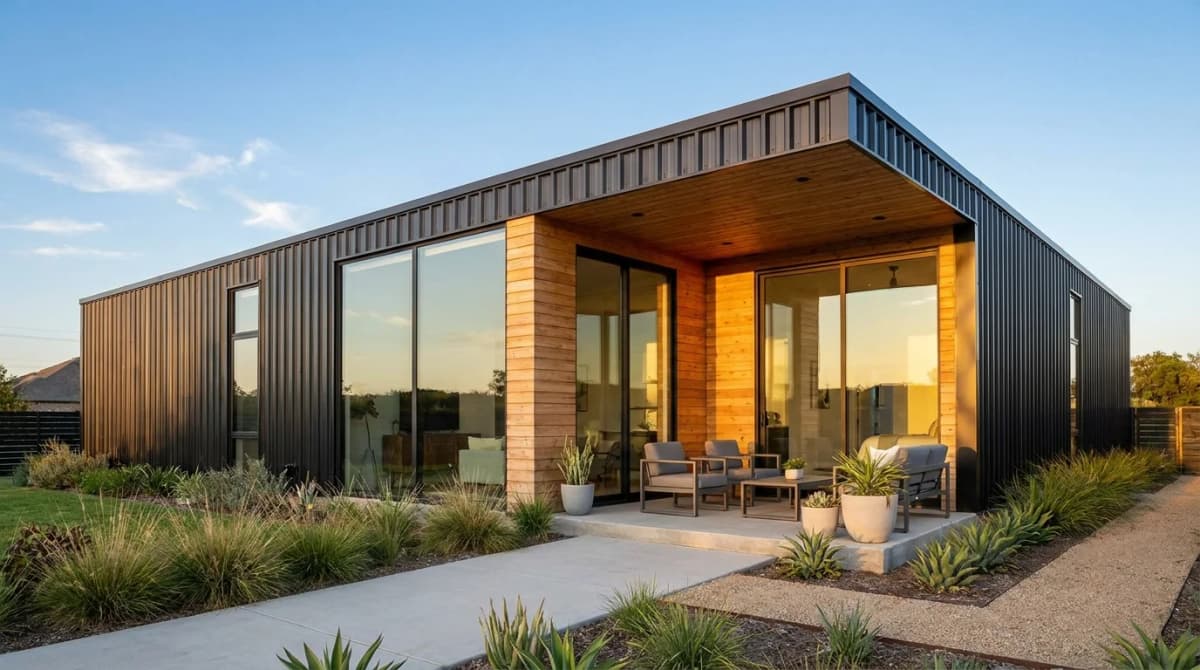 Modern two-bedroom shipping container home with large windows, wood accents, and a covered patio