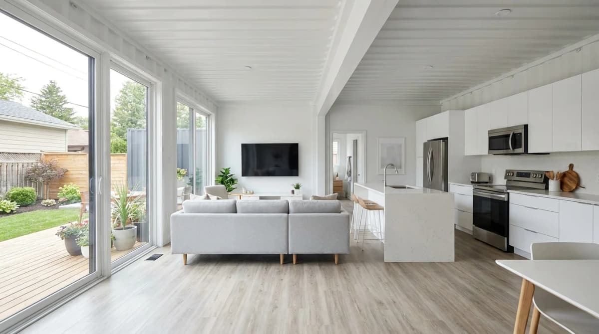 Open-concept interior of a two-bedroom shipping container home with a modern kitchen and living room