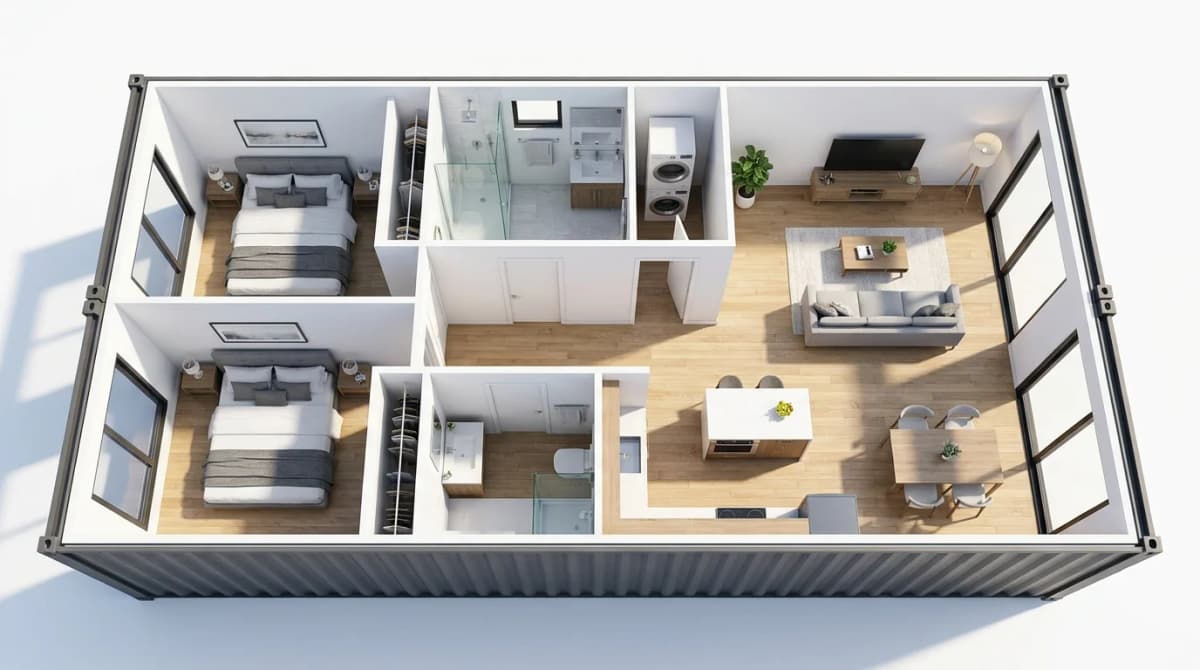 Top-down two-bedroom shipping container home layout with a kitchen, living area, bathroom, and two bedrooms