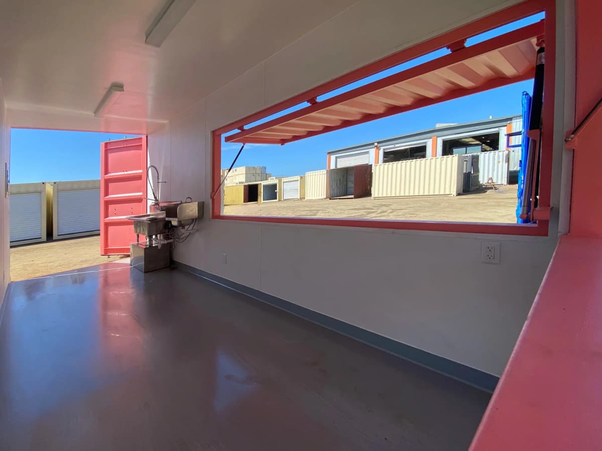 20ft container storefront interior with non-slip flooring and clean white panels