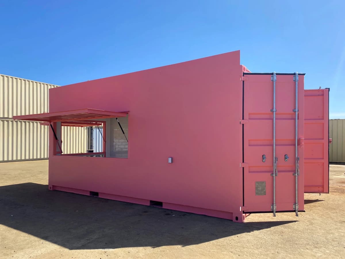 20ft pink shipping container storefront with hydraulic awning service windows