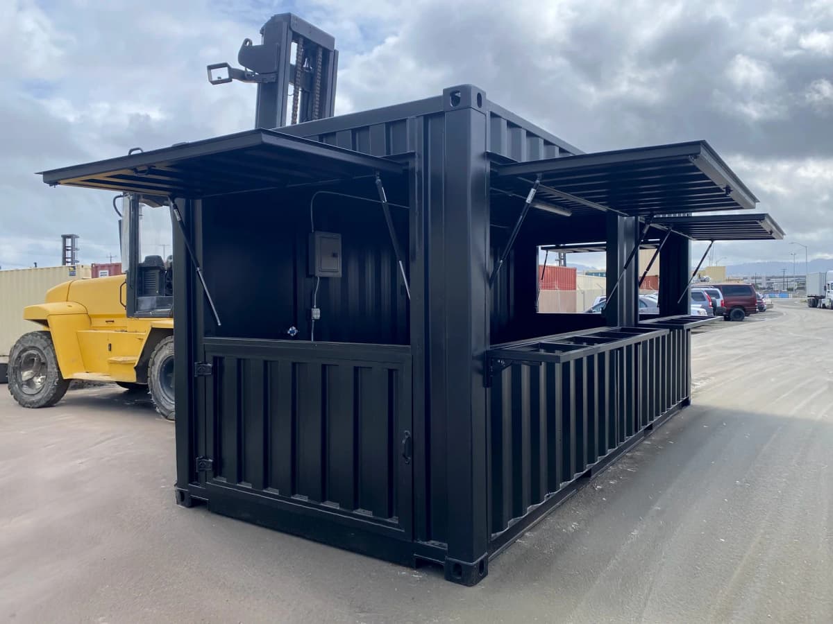 20ft industrial shipping container bar with multiple service awnings and order counters