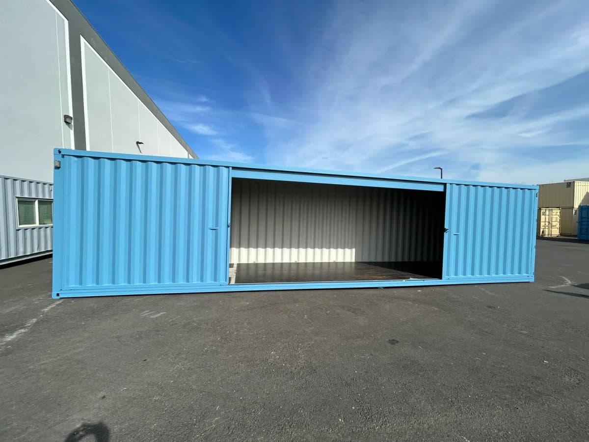 a painted blue modified container