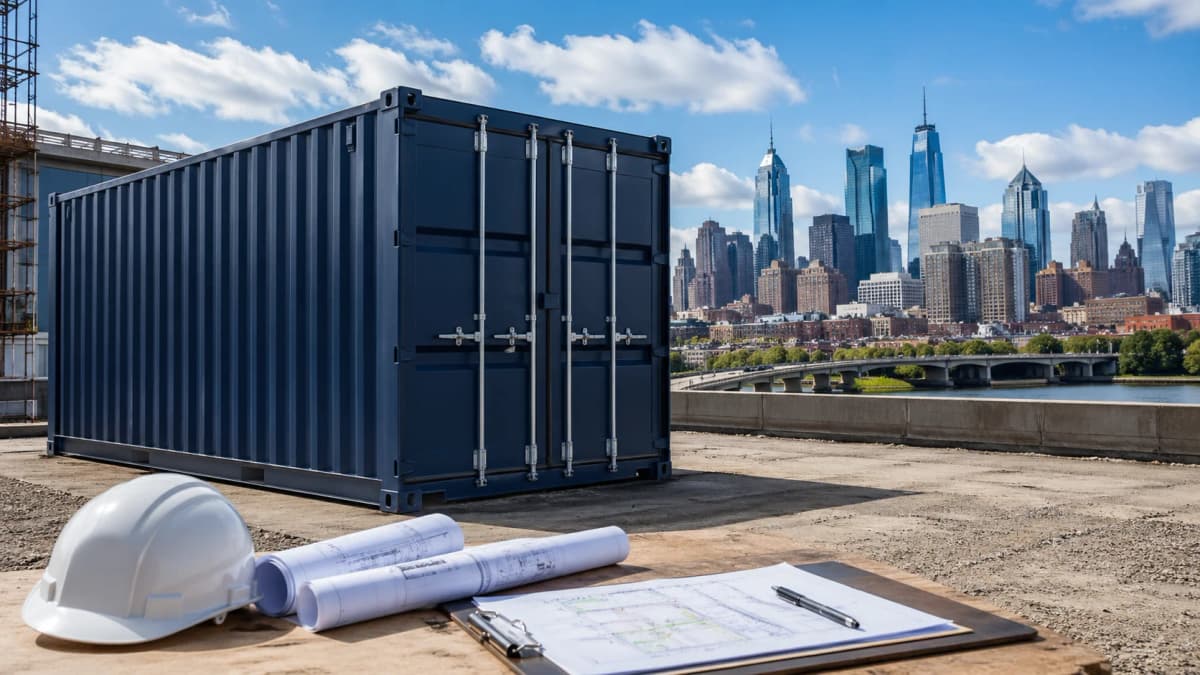an AI generated image of a shipping container and paperwork with the skyline of Philadelphia