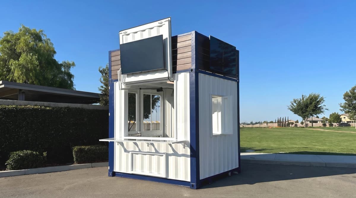 10ft white and blue mobile information and visitor center