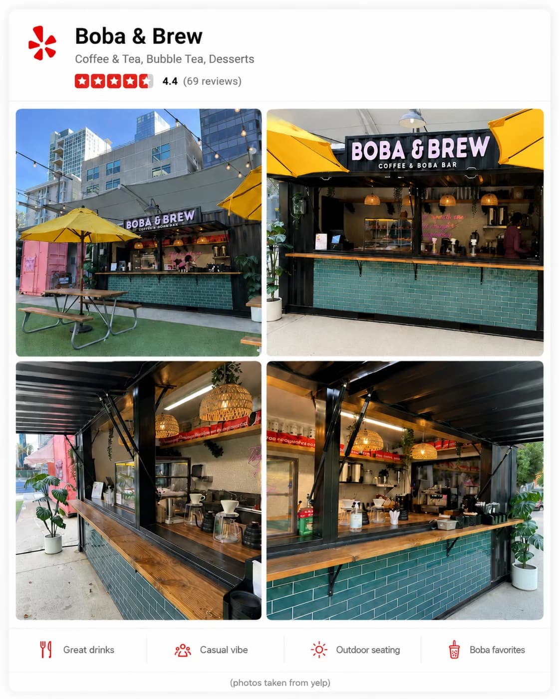 Boba and Brew container cafe photo collage showing the finished exterior, service counter, and interior workspace