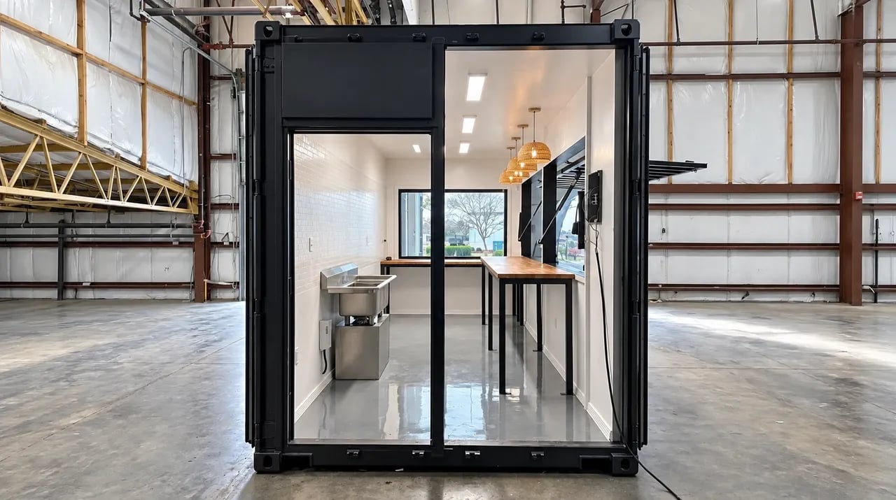 20ft container modified into a kiosk front view with opened door