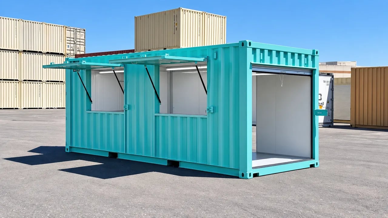20ft container with windows and roll up doors side view