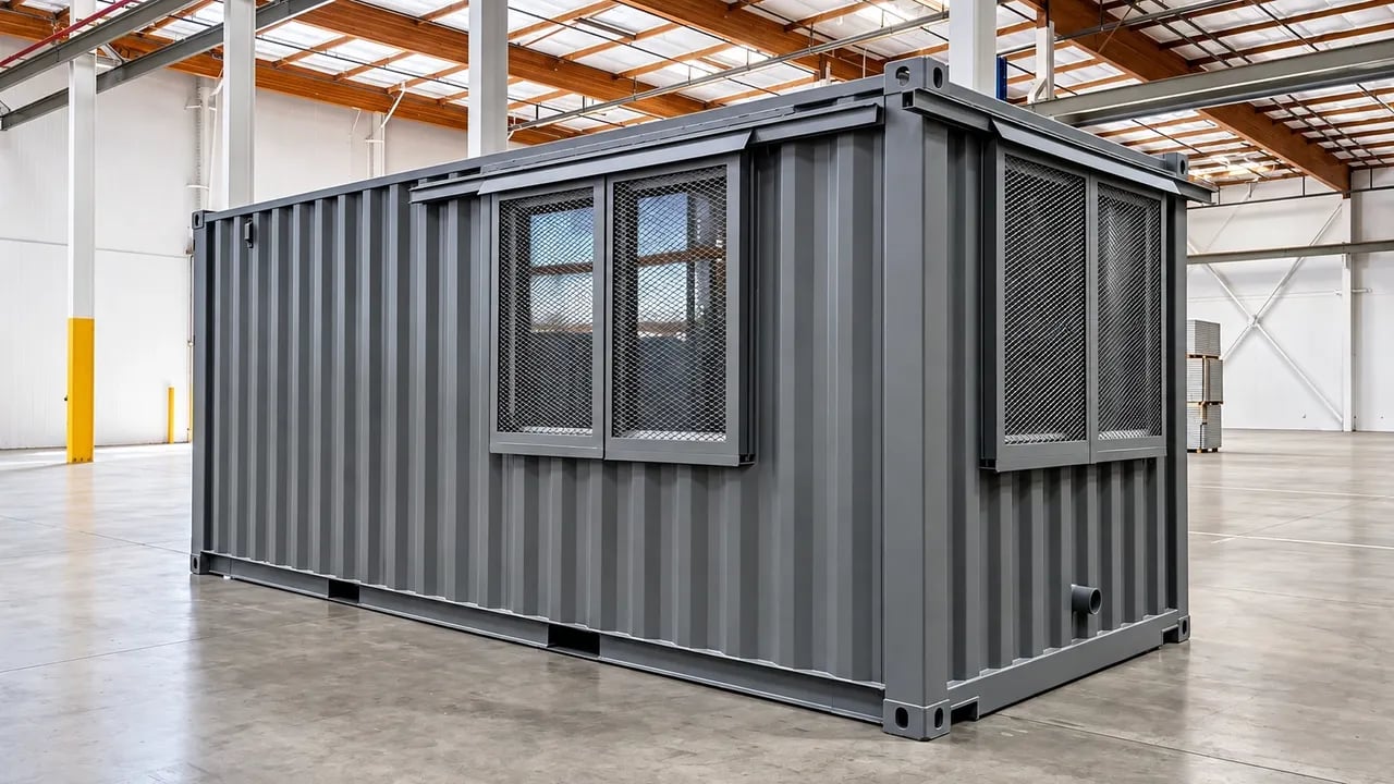 20ft container with windows placed in a factory