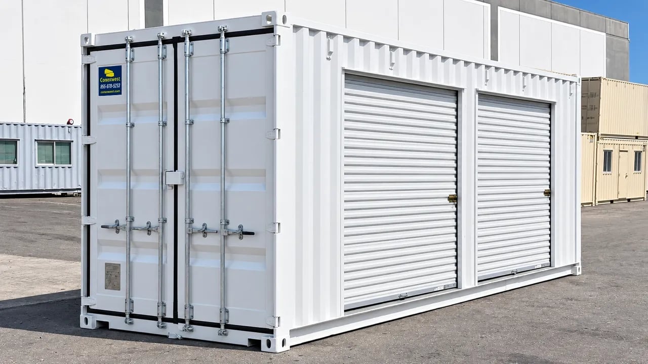 20ft white container with 2 roll up doors placed ath the yard