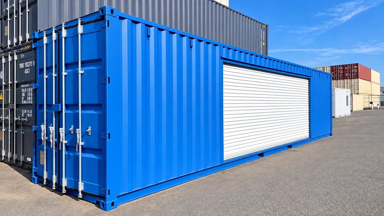 40ft blue and grey shipping containers placed at the yard
