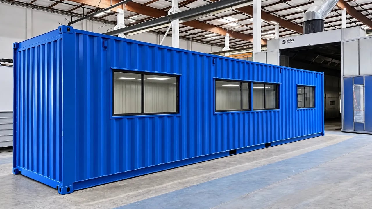 40ft blue modified shipping container placed at the factory