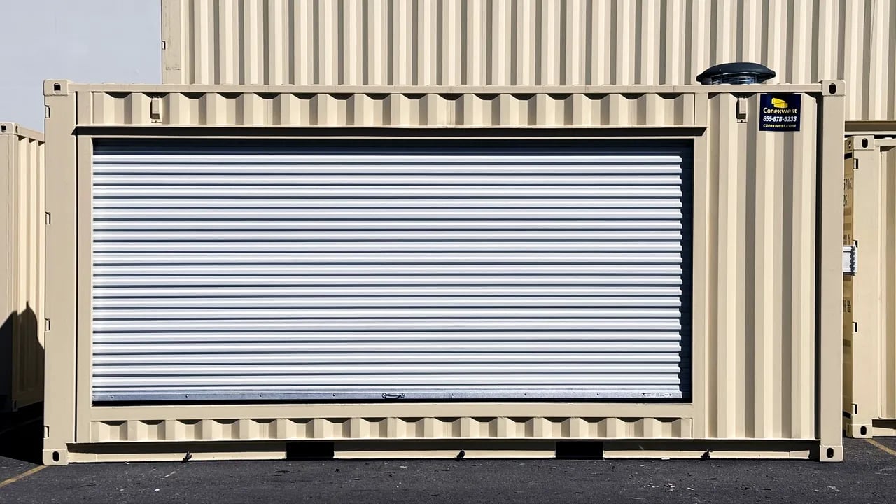 Beige shipping container with roll up door