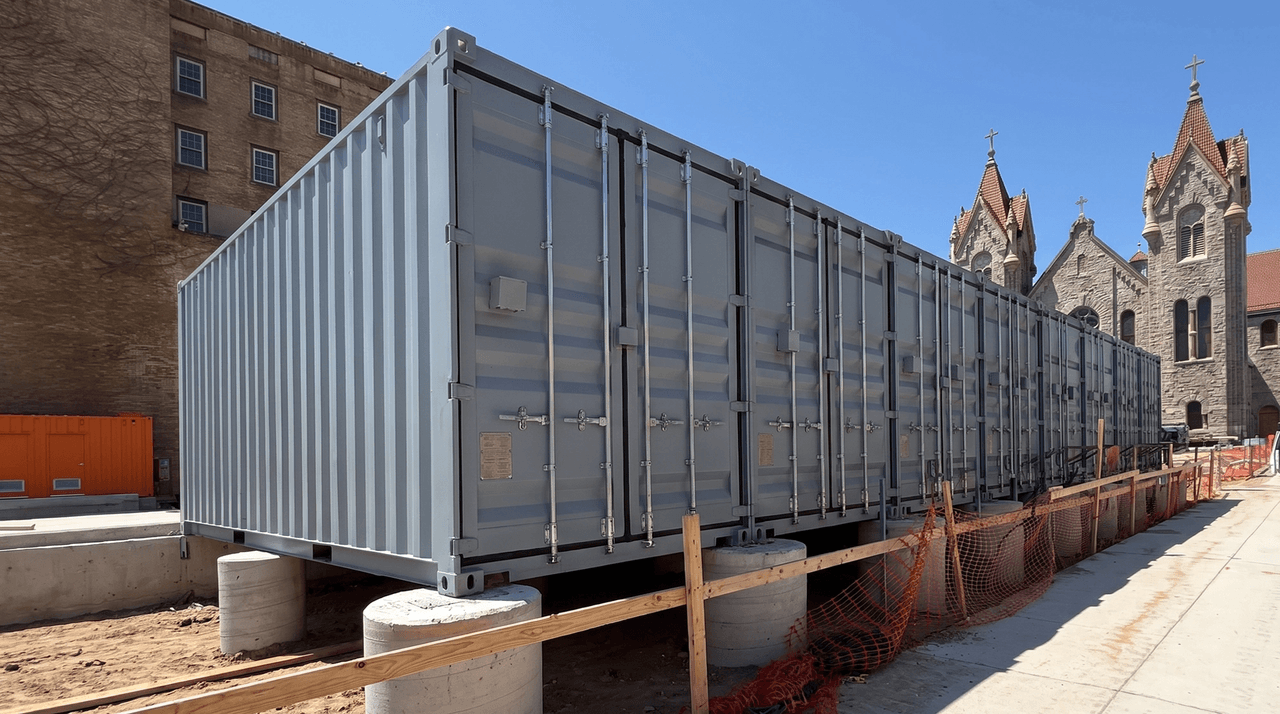 Blue containers in line