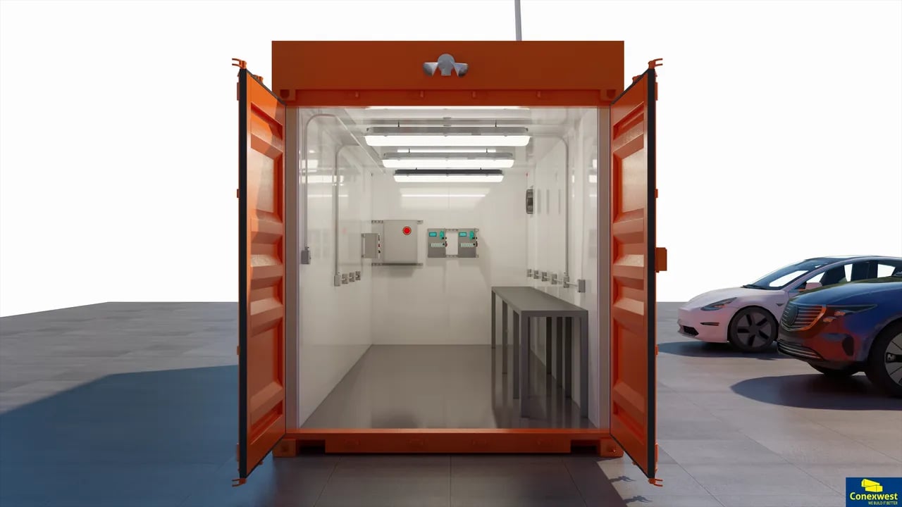 Container charging station render side view