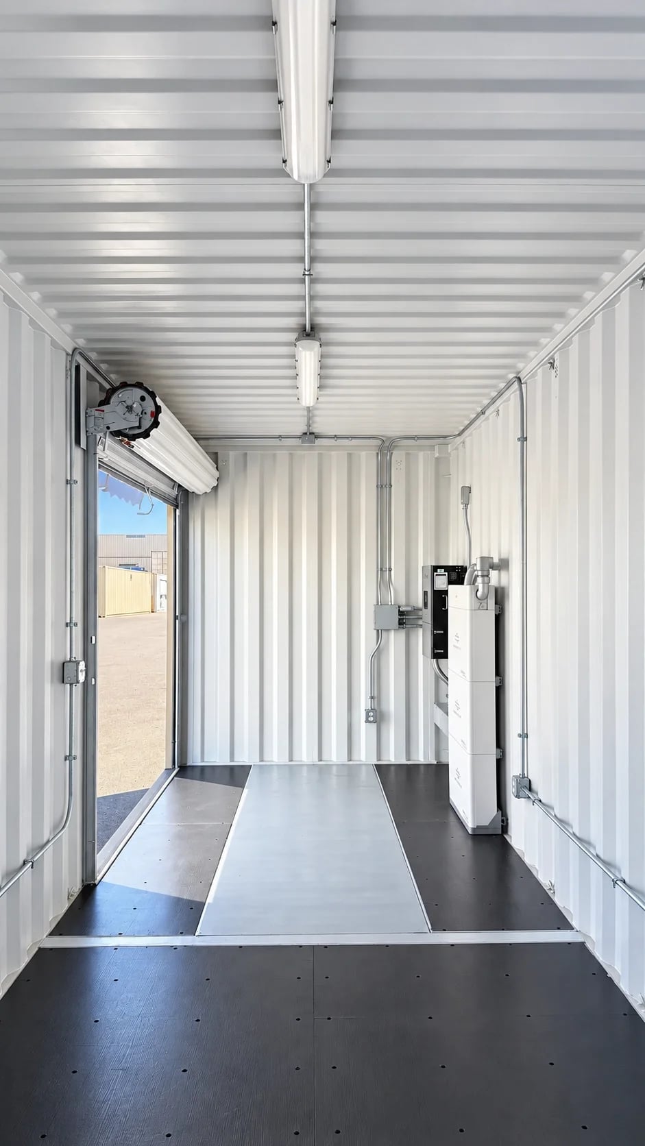 Container interior with roll up door and electricity