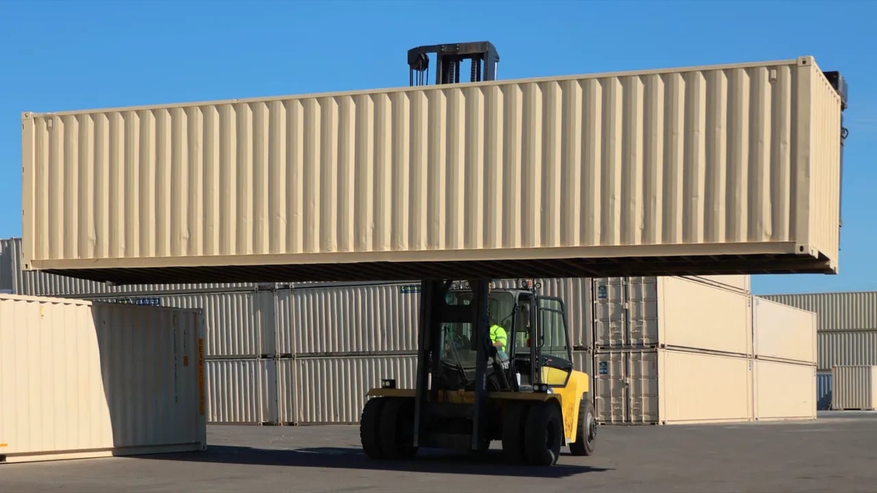Front view of container on a lift