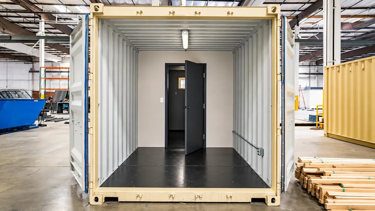 Opened shipping container with man door inside