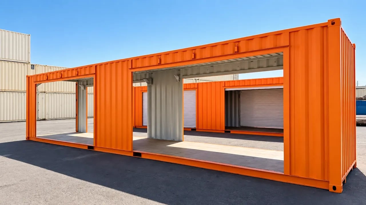 Orange modified shipping containers at the yard