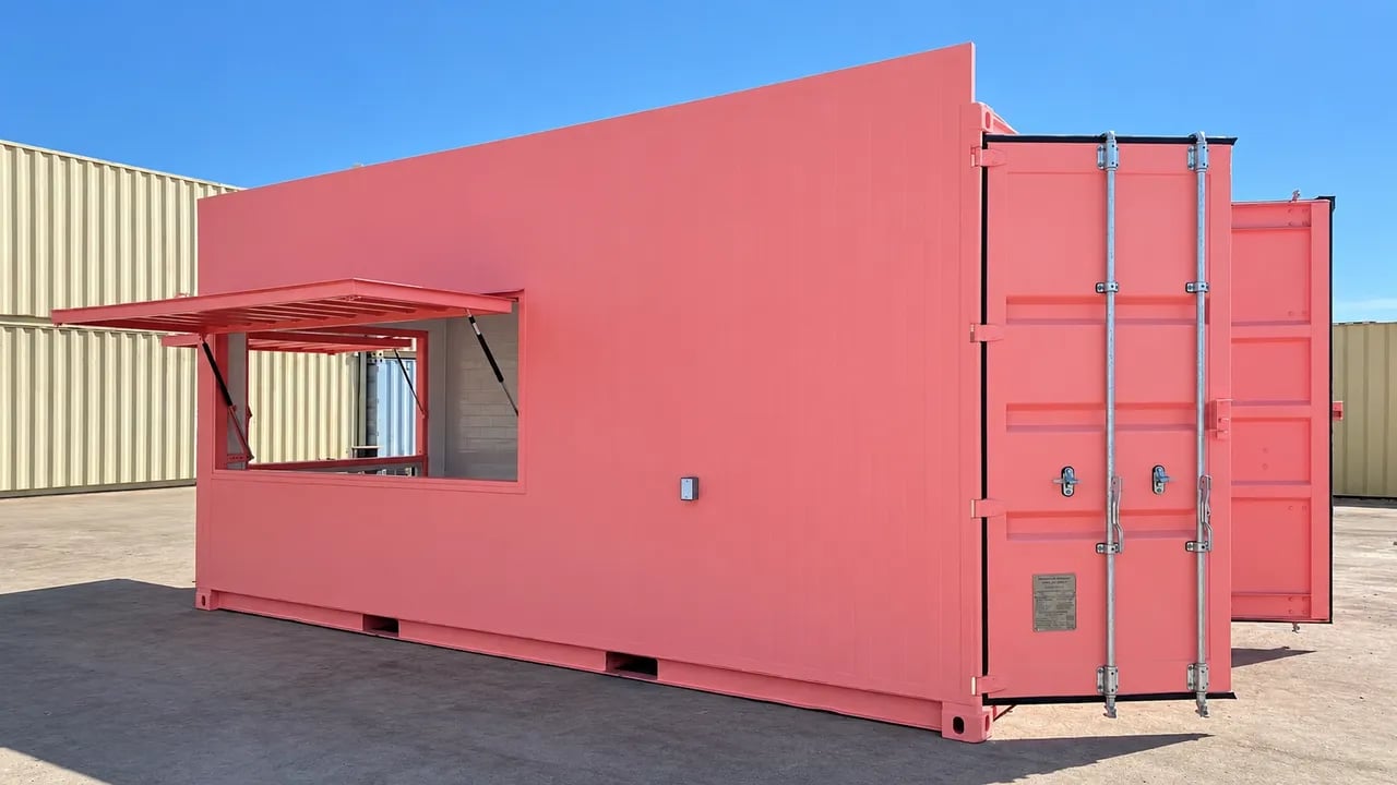 Pink 20ft container modified into the cafe