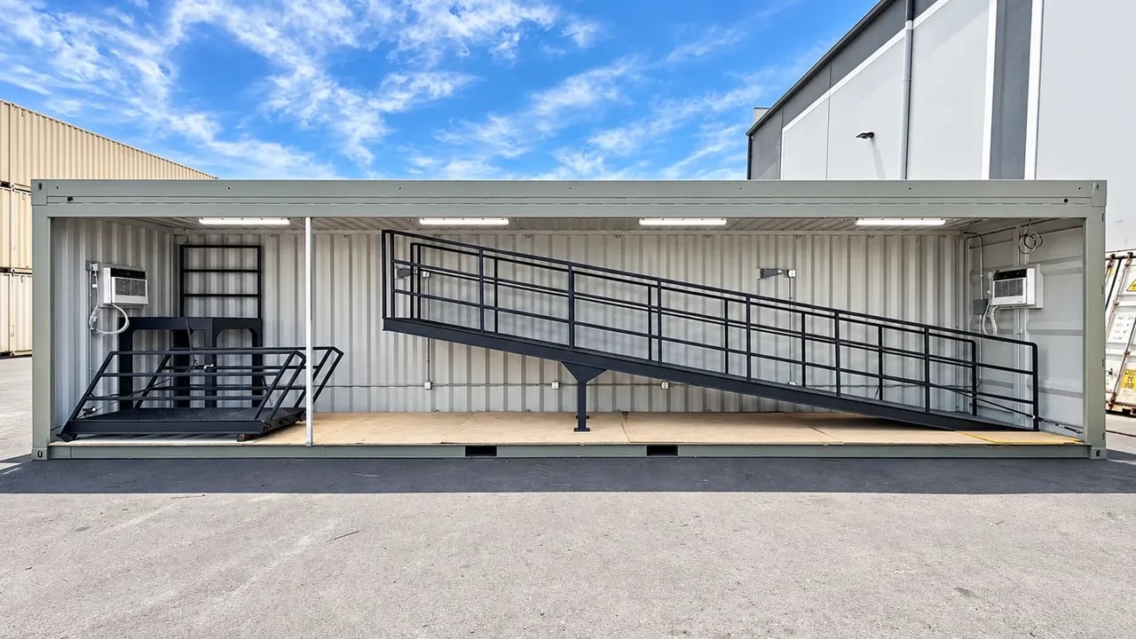 Profile view of 40ft container with stairs