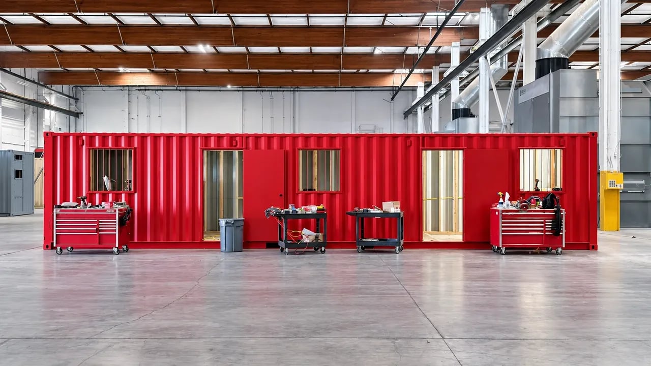 red 40ft office shipping container placed in a factory