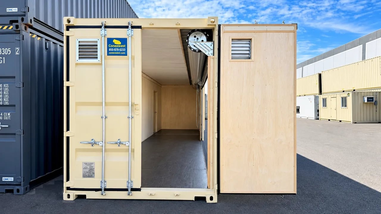 Shipping container with opened cargo door at the yard