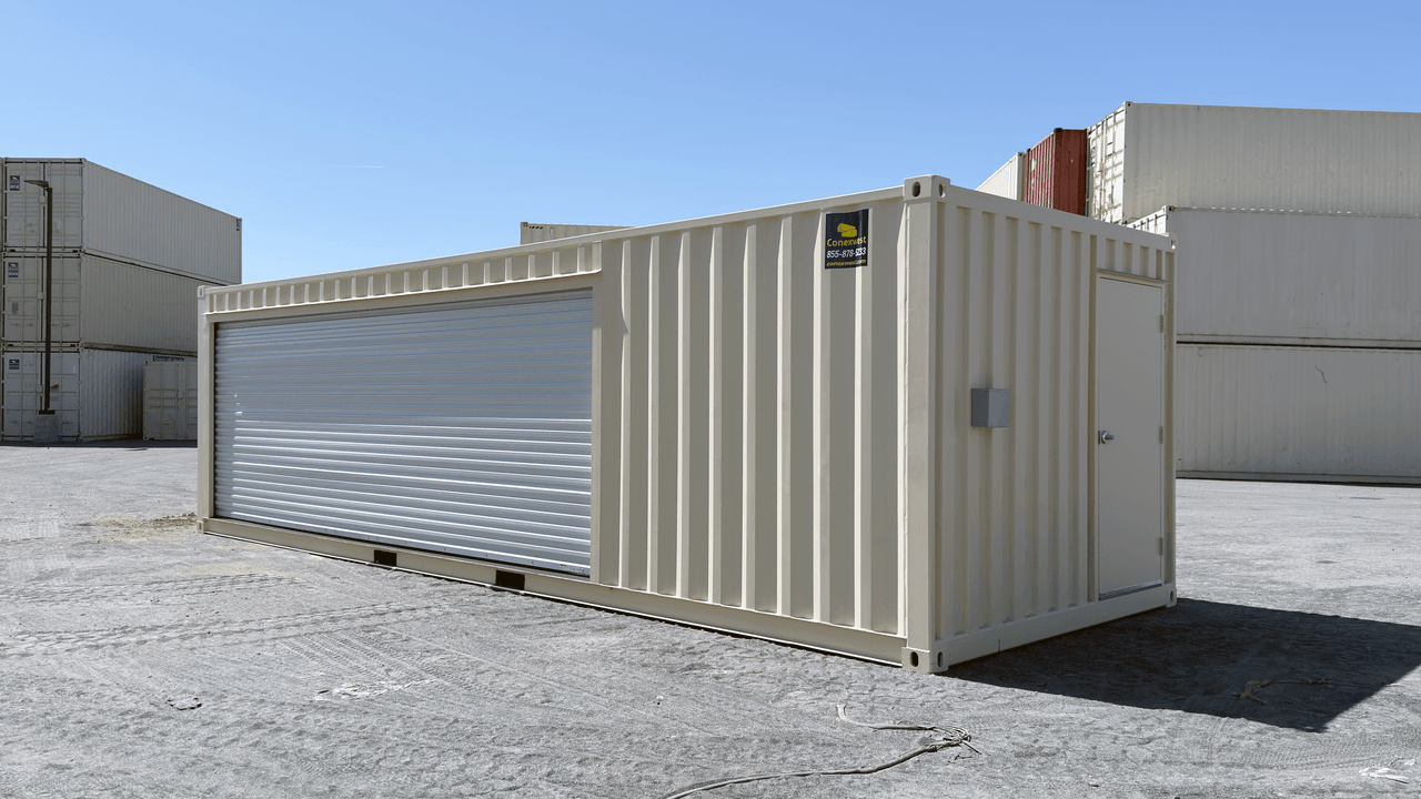 Shipping container with roll-up door