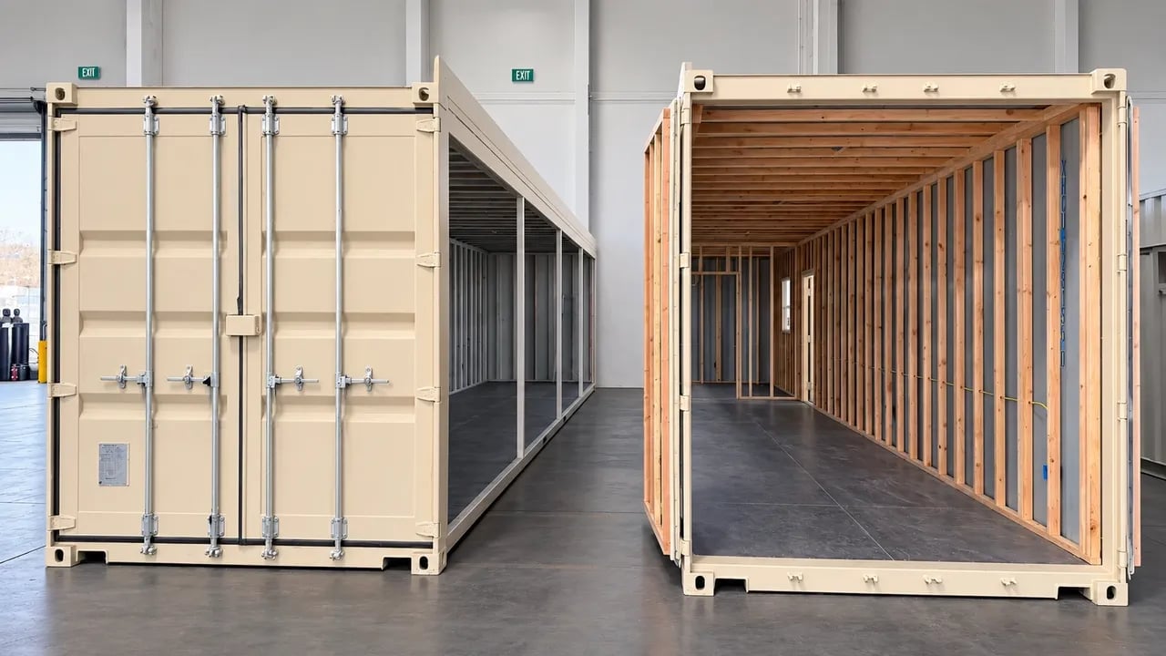 two beige modified containers
