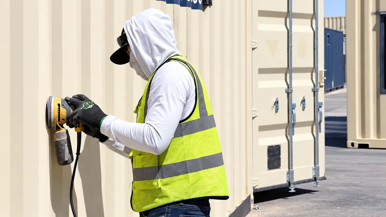 Worker is plastering a container